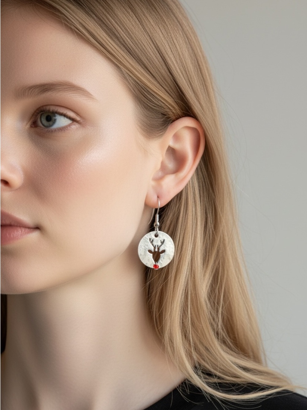 9/25 Silver Disc Deer Drop Earrings with Red Accent